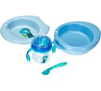 Chicco Coffret repas bébé - 2 assiettes (chaud+facile), tasse apprentissage, cuillère, 6 mois, bleu