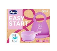 Chicco Coffret repas silicone – bavoir rigide Easy Roll, bol à ventouse & cuillère, 6M+, rose