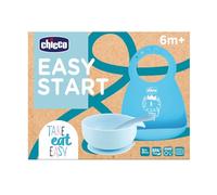 Chicco Coffret Repas silicone composé d'un un bavoir rigide Easy Roll, bol facile avec ventouse et cuillère, 6M+, bleu