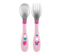 Chicco Couverts en Acier Inoxydable, Couverts Enfants, Set Bouillie, Fourchette et Cuillère pour Enfants, en Acier Inoxydable, Facile à Porter, Set Sevrage Première Bouffe, 2 Pièces, 18M+, Fuchsia