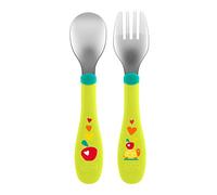 Chicco Couverts en Acier Inoxydable, Couverts Enfants, Set Bouillie, Fourchette et Cuillère pour Enfants, en Acier Inoxydable, Facile à Porter, Set Sevrage Première Bouffe, 2 Pièces, 18M+, Vert