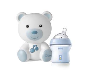 Chicco Ensemble biberon et veilleuse NF 150ml, lampe portable en forme d'ours avec musique et sons relaxants, biberon anti-colique 150ml, avec tétine en silicone douce et flexible, bleu clair, 0 mois+