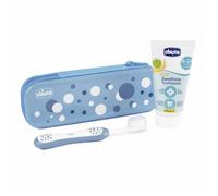 Chicco Set brosse à dents et dentifrice – pomme-banane, étui, 6–36 mois, bleu clair