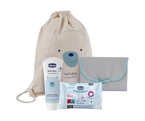 CHICCO Gift Set de changement Natural Sensation, Ensemble cadeau, changement de couche, table à langer, pâte apaisante, lingettes nettoyantes et sac à dos en coton