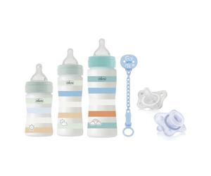 Chicco Kit Biberon avec biberons Bien-être de 150 ml, 250ml et 330ml, sucette Physio Soft en silicone avec tétine PhysioForma 0-6 mois, attache-sucette, Bleu