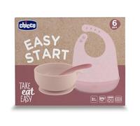 Chicco Lot de 3 bavoirs en silicone pour bébé Easy Start 6 mois + avec ventouse, antidérapant, bavoirs avec poche de récupération et cuillère, doux, 100% silicone de qualité alimentaire, sans BPA
