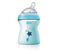 Chicco Natural Feeling Biberon Anti-Colique 2 Mois et Plus, 250 ml, avec Tétine Coudée en Silicone Souple et Double Valve, Alimentation Naturelle et Instinctive - Bleu Clair