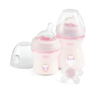 Chicco NaturalFeeling set anti-coliques et tétine, 0 mois, 150 ml, silicone souple et double, valve anti-coliques, alimentation naturelle et allaitement mixte, rose