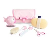 Chicco Set de bain pour bébés, idée cadeau, idée cadeau naissance, avec peigne, brosse douce, thermomètre, gant de toilette en éponge et une paire de ciseaux, hygiène bébé, produits de bain, rose