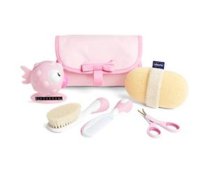 Chicco Set de bain pour bébés, idée cadeau, idée cadeau naissance, avec peigne, brosse douce, thermomètre, gant de toilette en éponge et une paire de ciseaux, hygiène bébé, produits de bain, rose