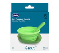 Chicco Set de repas de voyage, assiette pliante en silicone de 250 ml, cuillère pratique, étui compact, idéal en voyage, kit de repas portable, confortable et facile à transporter, 6 mois+, vert