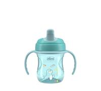 Chicco Training Cup, tasse d'apprentissage en plastique anti-goutte pour un enfant, pour apprendre à boire, bec ergonomique semi-doux, valve et poignées amovibles, 6+ mois, sans BPA, Azur