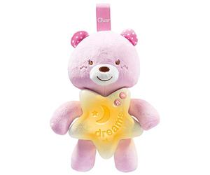 Chicco Veilleuse Petit Ourson First Dreams, Peluche douce en forme d'ours à accrocher au lit ou au berceau avec mélodies relaxantes et veilleuse, rose, 0 mois et plus