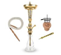Chicha Traditionnelle Al Zahra 60 cm en Laiton Poli | Foyer en Argile, Tuyau en Daim et Bois, Accessoires Complets