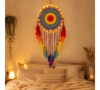 CHICIEVE Attrape-rêves avec plumes arc-en-ciel multicolores pour chambre à coucher, décoration de fête de mariage - 35,1 cm de diamètre - 110 cm de long