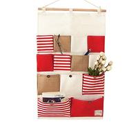 CHICIEVE Sac de rangement en tissu rayé à suspendre au mur ou à une porte de placard pour animaux en peluche, téléphones, clés et plus encore, organiseur à suspendre avec poches (rayures rouges)