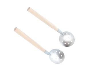 CHICIRIS Pelle à Pêche sur Glace 2 Pièces écumoire en Fer avec Manche en Bois 34 X 8 Cm Trous de Drainage à Tête Dentée pour Les Pêcheurs d'hiver Nettoyage des Trous de Glace Récupération du Poisson