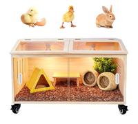 Chick Box Cage pour Hamster en pin Naturel, Cage pour Hamster en pin Naturel avec Lampe chauffante, équipée d'un Support de Lampe Chauffant et d'une Porte coulissante, et équipée de 4 roulettes
