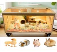 Chick Brood Box Boîte d'élevage de poussins en bois de pin naturel, équipée d'un support de lampe chauffant et d'un thermostat, avec 4 roulettes de frein pour poussins, hamsters, anti-mastication (100
