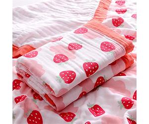 Chickw1 Bébé Couverture en Coton 6 Couches de Mousseline Super Absorbant Doux Mignon Imprimé Serviettes de Bain Emmaillotage Couverture Poussette de Bébé Nouveau Née (110x110cm,Fraise)