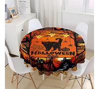 Chickw1 Nappe Ronde Anti Tache Impermeable, Halloween Nappe en Polyester Imprimé Citrouille Chat Noir 3D pour Table à Manger de Cuisine/Jardin/Fête/Pique-Nique (Fête d'halloween,180cm)