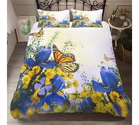 Chickw1 Parure de Lit 3 Pièces avec Housse de Couette, Taies d'oreiller 3D Papillon Imprimé Microfibre Polyester Hypoallergique pour 2 Personnes Adultes (220x240cm,Jaune Bleu)