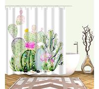 Chickw1 Rideau de Douche Anti Moisissure, Imperméable Polyester 3D Impression Plante Tropicale Décorations de Salle de Bain Art Impression Rideau 12 Crochets (180x200cm,Cactus-E)