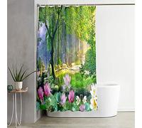 Chickw1 Rideau de Douche Impermeable Anti Moisissure,3D Imprimé Rideau de Douche Polyester Rideau de Douche Doublure avec 12 Crochets Rideaux de Salle de Bain (Forêt et Lotus,180x180cm)