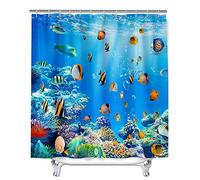Chickw1 Rideau de Douche Résistant à l'eau Lavable Tissu en Polyester Rideaux de Salle de Bain avec 12 Crochets 3D Monde de l'océan Impression Décor (Monde océanique 6,180x200cm)