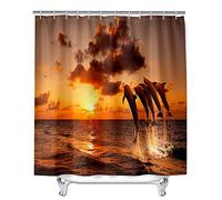 Chickw1 Rideau de Douche Résistant à l'eau Lavable Tissu en Polyester Rideaux de Salle de Bain avec 12 Crochets 3D Dauphin Impression Décor (Coucher de Soleil,180x180cm)