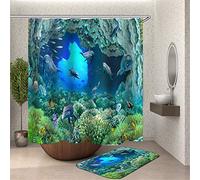 Chickw1 Rideau de Douche Rideaux de Salle de Bain, Imperméable Tissu Lavable Polyester 3D La Vie Marine Impression Numérique Art Décorations Rideau avec 12 Crochets (Monde de l'océan,180x200cm)