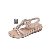 Chickw1 Sandales Femmes Plates Été, Bohème Élégant Casual Bout Ouvert Strass Fleurs Cuir PU Tongs Peep Toe Confortables Femmes Chaussures pour Plage Vacances (EU39=245mm/9.64in,Beige)