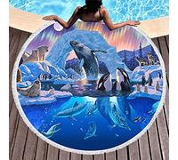 Chickw1 Serviette de Plage Ronde Grade Taille Anti Sable Femme,Imprimé 3D Vie Marine Tapisserie avec Frange,Multi-Usage en Microfibre pour Camping Yoga Sports (Glace Arctique,Diamètre 150cm/59)