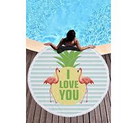 Chickw1 Serviette de Plage Ronde, Microfibre Super Souple Multi-usages Femme Tapisserie Ronde Fleurs Serviette Plage Yoga Glands Décoratifs Indien Châle de Yoga (150cm X 150cm, Flamants Roses 10)