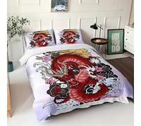 Chickw1 Sets de Housses de Couettes 3D, Dragon Imprimé Microfibre Parure de Lit 3 Pièces avec Housse de Couette et Taies d'oreiller pour Lit 1 ou 2 Personnes (Dragon Rouge,180x220cm)