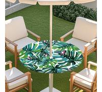 Chickwin Nappe Ronde Élastique avec Trou de Parasol et Fermeture éclair, Plantes Tropicales Nappe Extérieur Imperméable Anti Taches pour Terrasse Jardin Fête Barbecues (Vert,M)