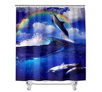 Chickwin Rideau de Douche Rideau de Bain, 3D Impression Dauphin Imperméable Anti-moisissure Tissu Lavable Polyester Rideau avec 12 Crochets pour Salle de Bain Baignoire (Arc-en-Ciel,150x180cm)