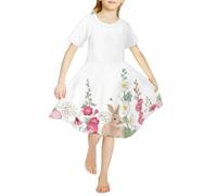 Chickwin Robe Fille Enfant, Mignon Manche Courte Robe Imprimé Lapin de Dessin Animé A-Line Col Rond Été Robe T-Shirt Princesse Robe de Fête Casual Vêtements pour 4-14 Ans