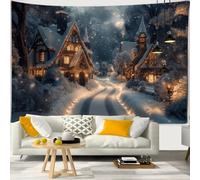 Chickwin Tapisserie Murale Noël Impression 3D, Toile de Fond Noel Tapisserie de Fenêtre et de Porte Fausse Cheminée Noel pour Salon, Chambre, Dortoir, Fond de Fête (150x150cm,Maison de Neige)