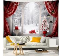 Chickwin Tapisserie Murale Noël Impression 3D, Toile de Fond Noel Tapisserie de Fenêtre et de Porte Fausse Cheminée Noel pour Salon, Chambre, Dortoir, Fond de Fête (230x180cm,Fenêtre)