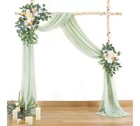 Chickwin Tenture Mariage avec 2 Rubans, Extérieur Suspendu Voilage Arche Mariage Tenture, Fond de Rideau Mousseline de Soie pour Décoration Mariagé,Fête,Toile de Fond (Vert Sauge,30x180cm)