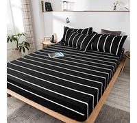Chickwing Drap Housse Impression Plaid Antidérapants Housse De Matelas, 100% Polyester Confortable Respirant Drap-Housse Poche Profonde 20cm - Résistant Rides (Rayures Noires,120x200x20cm)