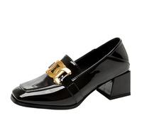 CHICMARK Ballerines avec pointe carrée - Talon bloc de 5 cm et décor en métal - Aspect cuir verni pour femme - Confortable pour le bureau et la vie quotidienne, Noir , 52 EU