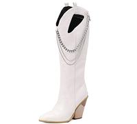 CHICMARK Bottes de cowboy montantes au genou avec doublure en fausse fourrure, talon compensé et bout pointu, Blanc., 37 EU