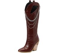 CHICMARK Bottes de cowboy montantes au genou avec doublure en fausse fourrure, talon compensé et bout pointu, marron, 37 EU