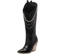 CHICMARK Bottes de cowboy montantes au genou avec doublure en fausse fourrure, talon compensé et bout pointu, Noir , 37 EU