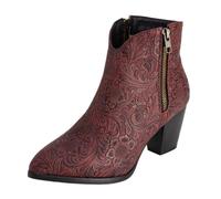 CHICMARK Bottines western pour femme - Talon de 5,5 cm et gaufrage floral - Doublure moelleuse pour l'hiver - Semelle antidérapante pour le quotidien, rouge, 36 EU