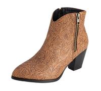 CHICMARK Bottines western pour femme - Talon de 5,5 cm et gaufrage floral - Doublure moelleuse pour l'hiver - Semelle antidérapante pour le quotidien, marron, 34 EU