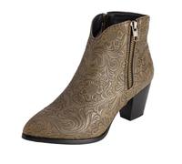 CHICMARK Bottines western pour femme - Talon de 5,5 cm et gaufrage floral - Doublure moelleuse pour l'hiver - Semelle antidérapante pour le quotidien, kaki, 47 EU