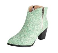 CHICMARK Bottines western pour femme - Talon de 5,5 cm et gaufrage floral - Doublure moelleuse pour l'hiver - Semelle antidérapante pour le quotidien, Vert. 1, 36 EU